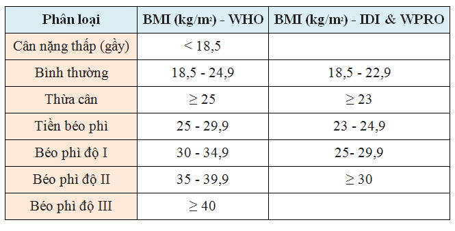 Bảng phân loại mức độ gầy - béo của một người dựa vào chỉ số BMI
