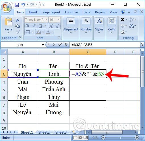 Cách gộp 2 cột Họ và Tên trong Excel không mất nội dung - QuanTriMang.com
